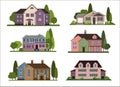 Set private houses in flat design style. Colorful residential houses and trees. Royalty Free Stock Photo